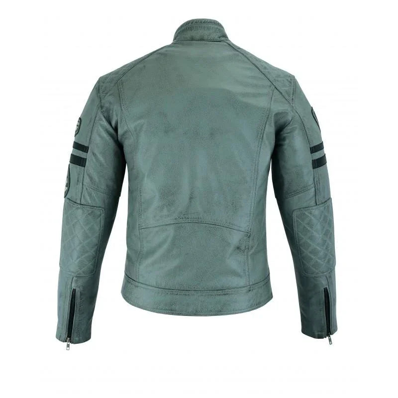 classic mens grey motorcycle leather jacket with badges biker black striped -