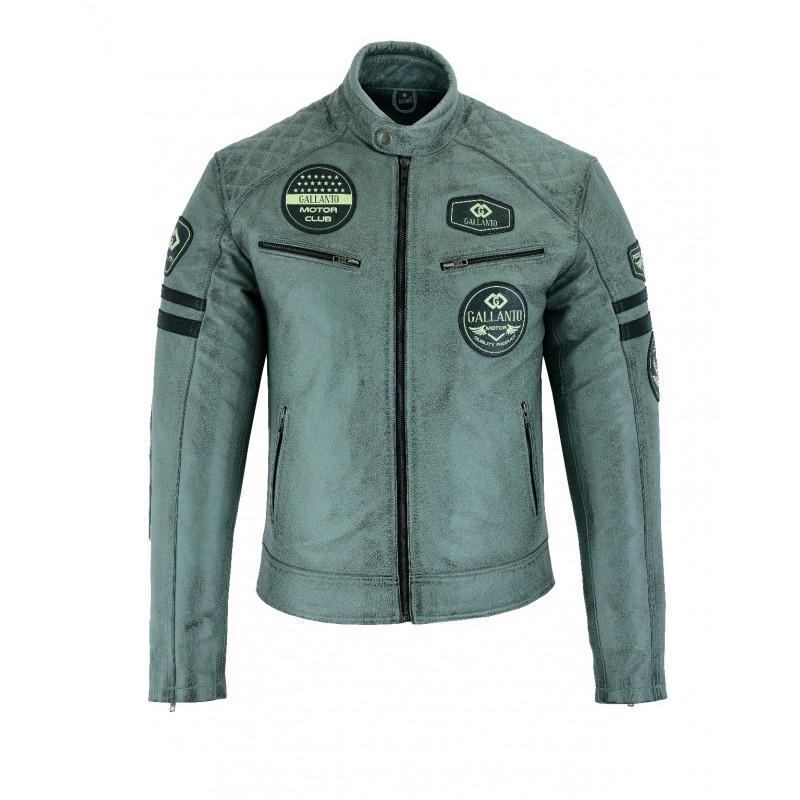 classic mens grey motorcycle leather jacket with badges biker black striped -