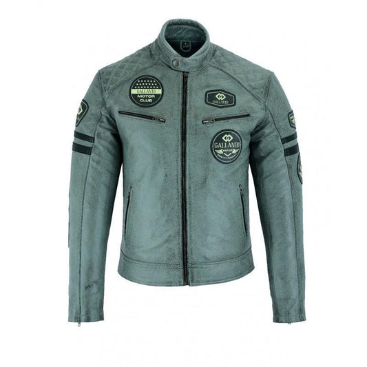 Classic Mens Grey Motorcycle Leather Jacket With Badges Biker Black Striped -