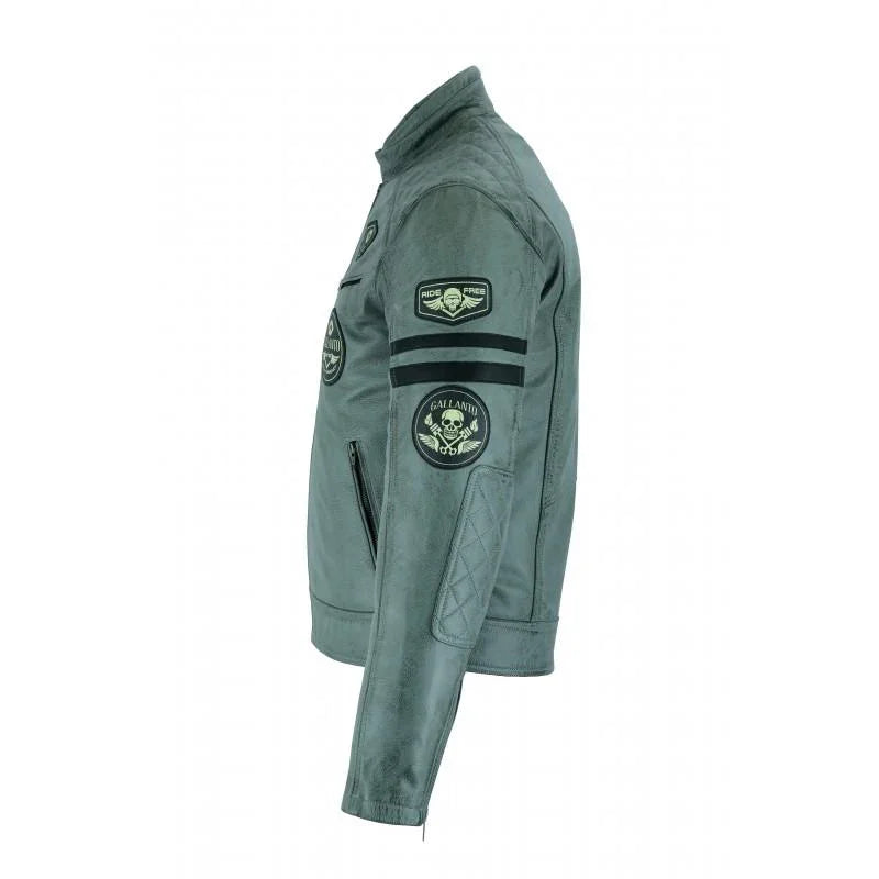 classic mens grey motorcycle leather jacket with badges biker black striped -