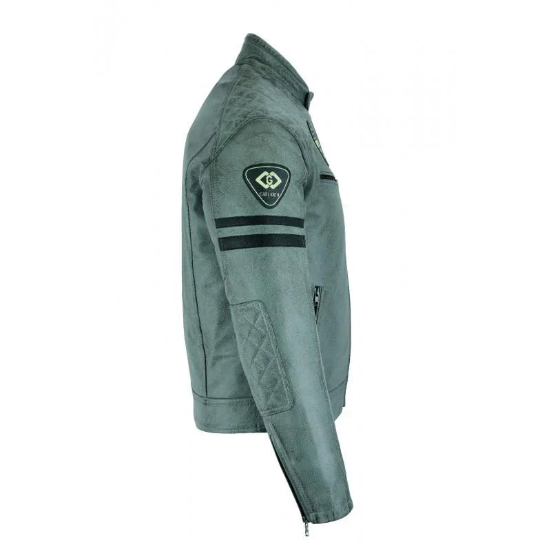 classic mens grey motorcycle leather jacket with badges biker black striped -
