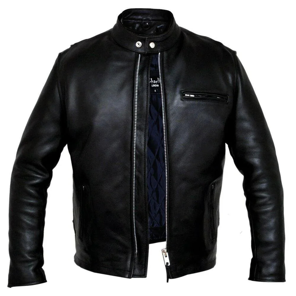 classic racer black biker cowhide leather jacket motorcycle -