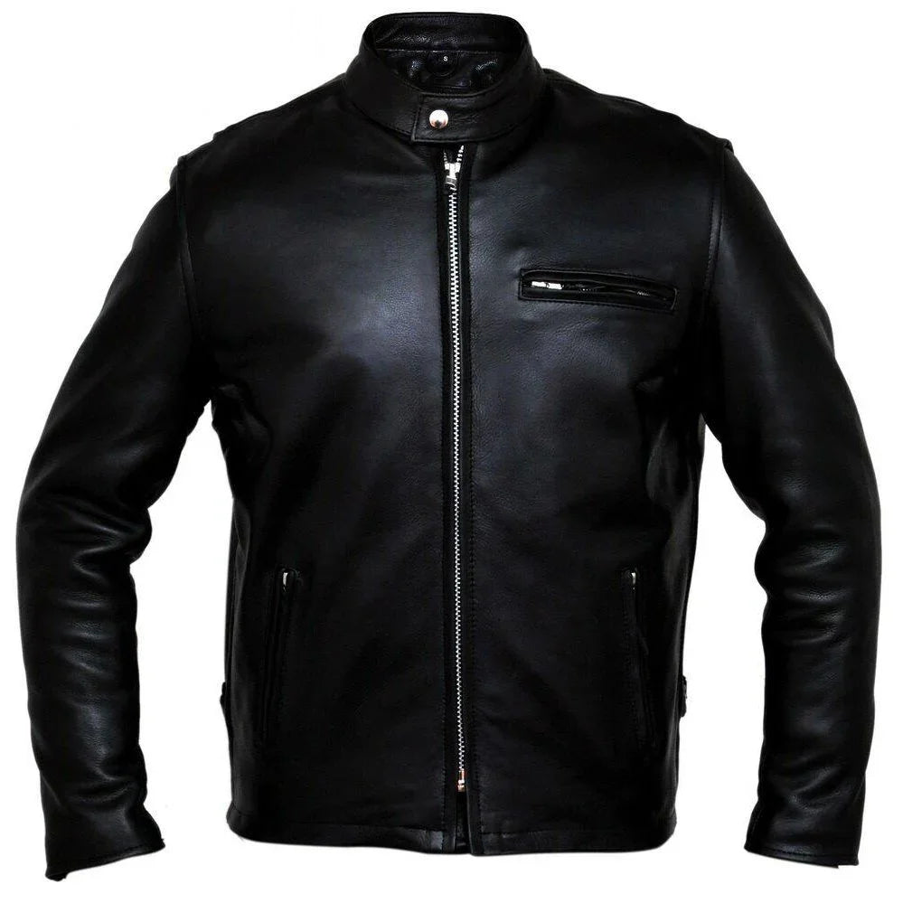 classic racer black biker cowhide leather jacket motorcycle -