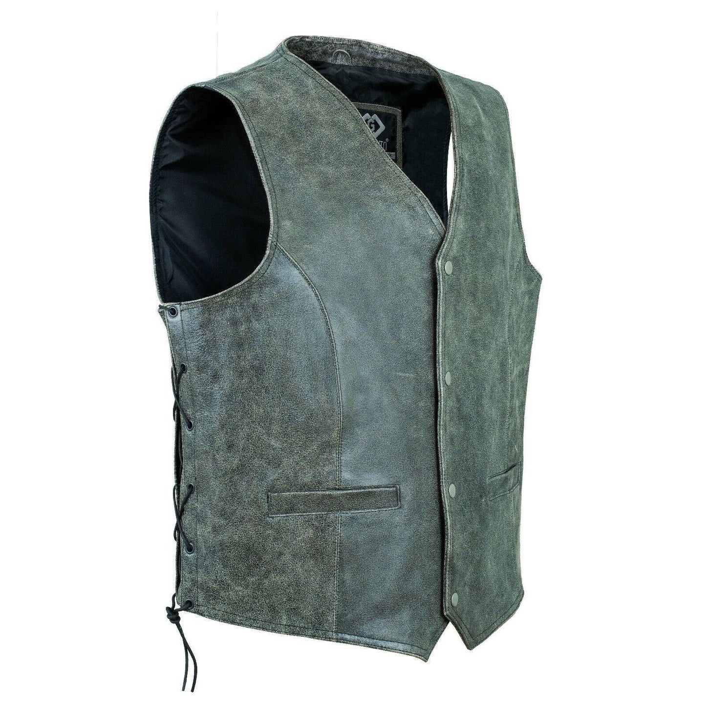 classic stonewash grey vintage biker leather vest buttoned -