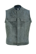 Collarless Sons of Anarchy Cut Off Cowhide Leather Vest Biker Motorcycle -