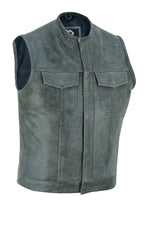 Collarless Sons of Anarchy Cut Off Cowhide Leather Vest Biker Motorcycle -