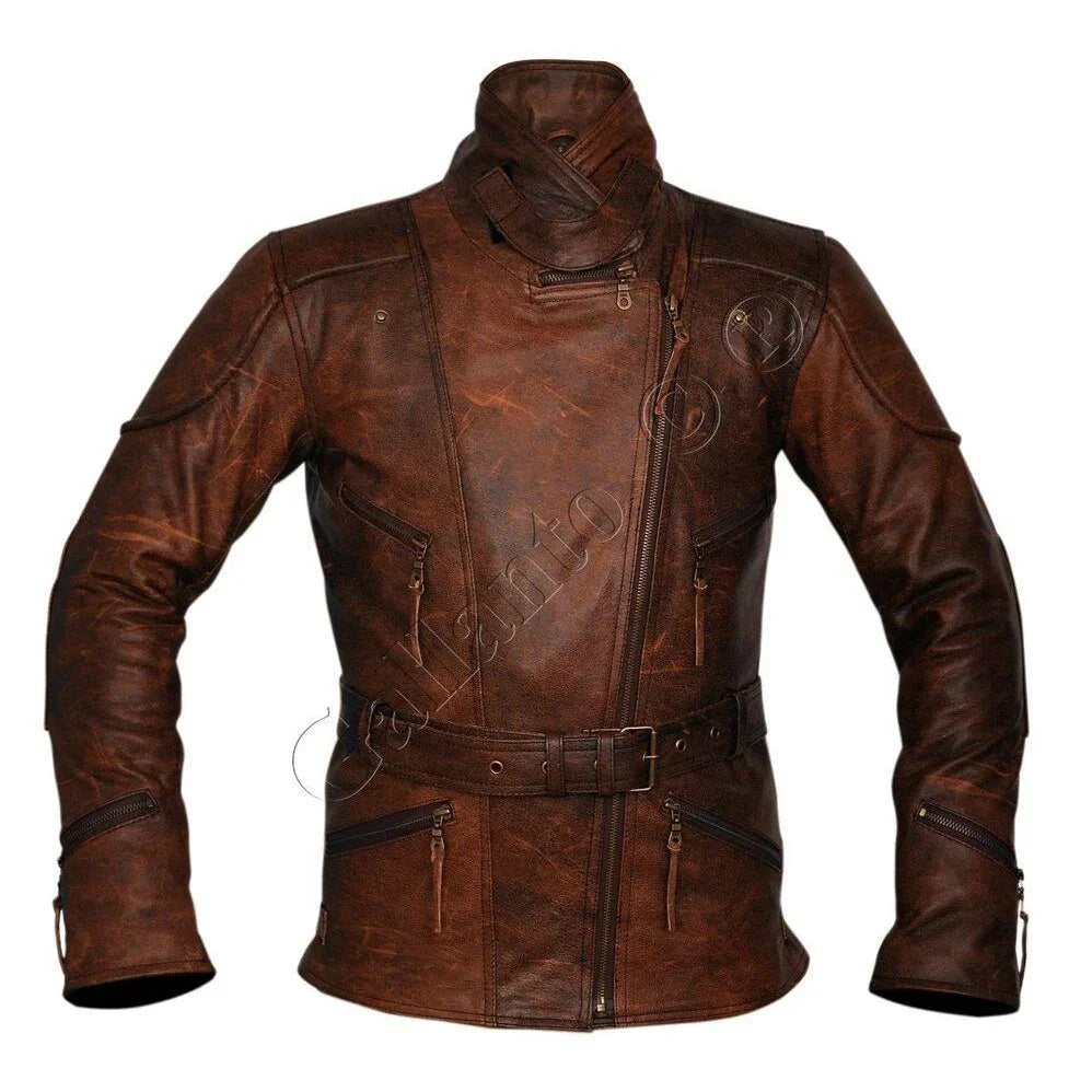 demi womens ladies 3/4 motorcycle brown distressed vintage leather jacket -