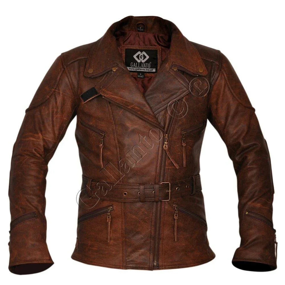 demi womens ladies 3/4 motorcycle brown distressed vintage leather jacket -