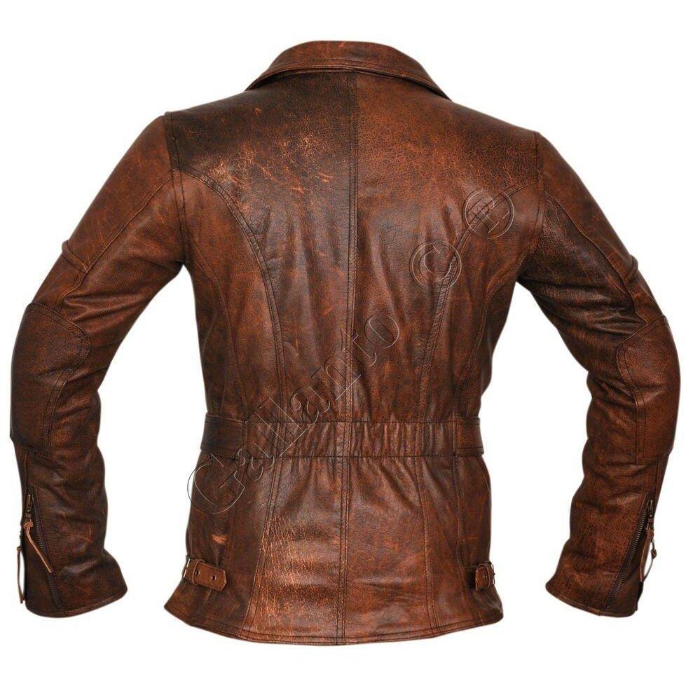 demi womens ladies 3/4 motorcycle brown distressed vintage leather jacket -