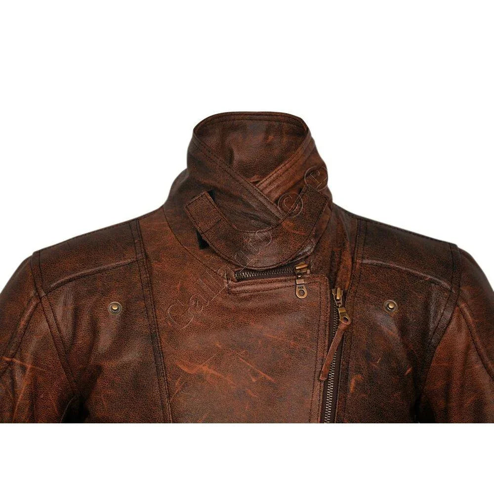 demi womens ladies 3/4 motorcycle brown distressed vintage leather jacket -