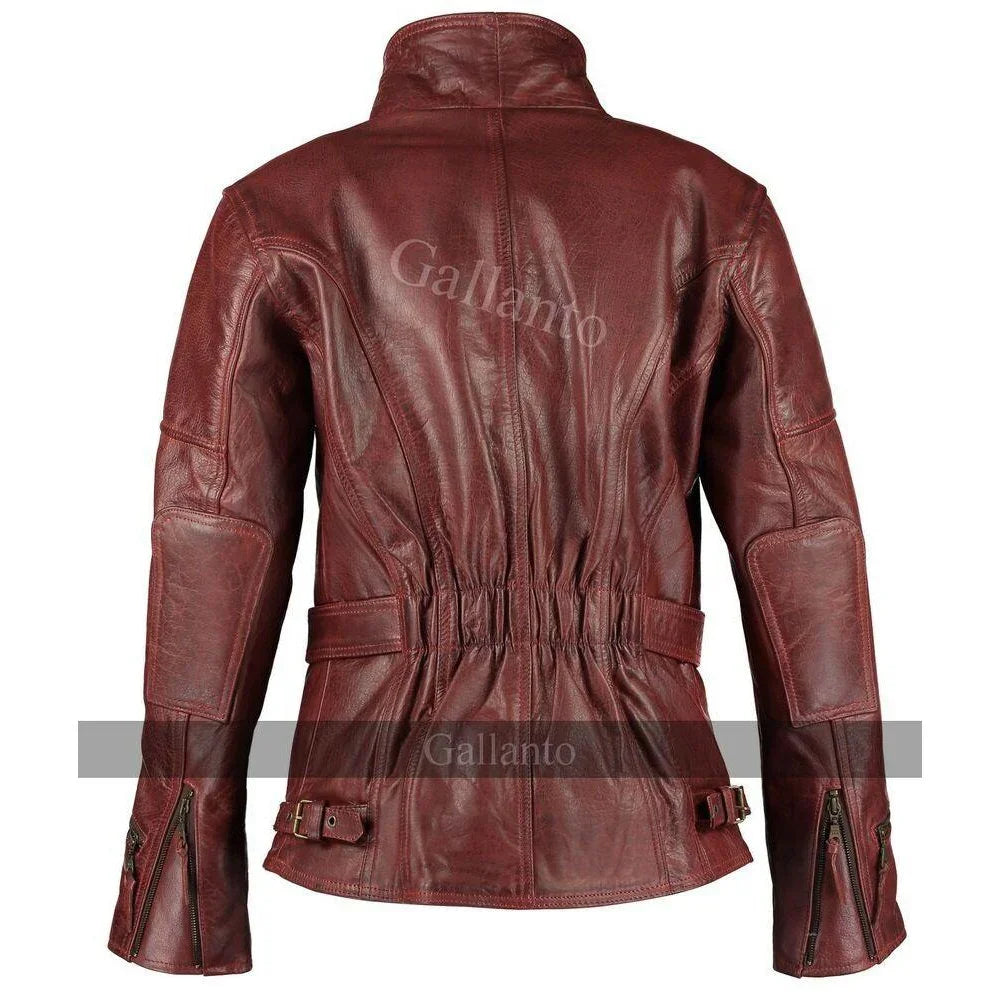 distressed red demi womens 3/4 biker leather jacket -