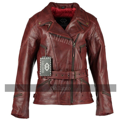 Distressed Red Demi Womens 3/4 Biker Leather Jacket -