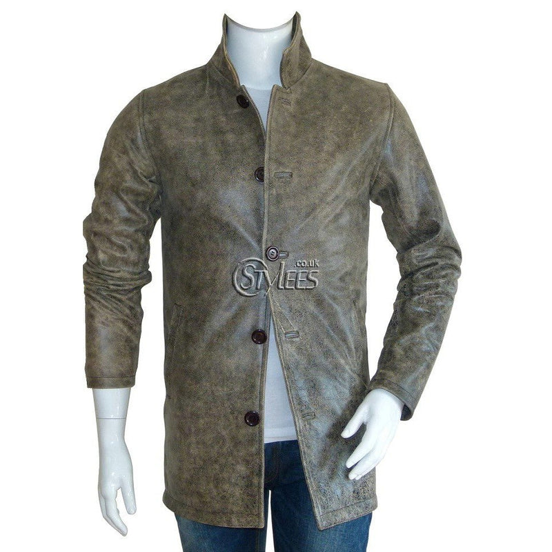 Distressed Supernatural Stone Grey Leather Coat -