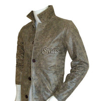Distressed Supernatural Stone Grey Leather Coat -