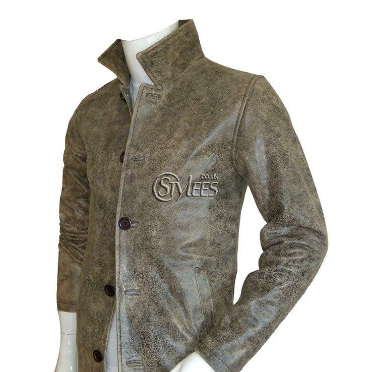 Distressed Supernatural Stone Grey Leather Coat -