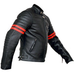 Fight Club 2 Red Striped Cafe Racer Style Retro Leather Jacket -