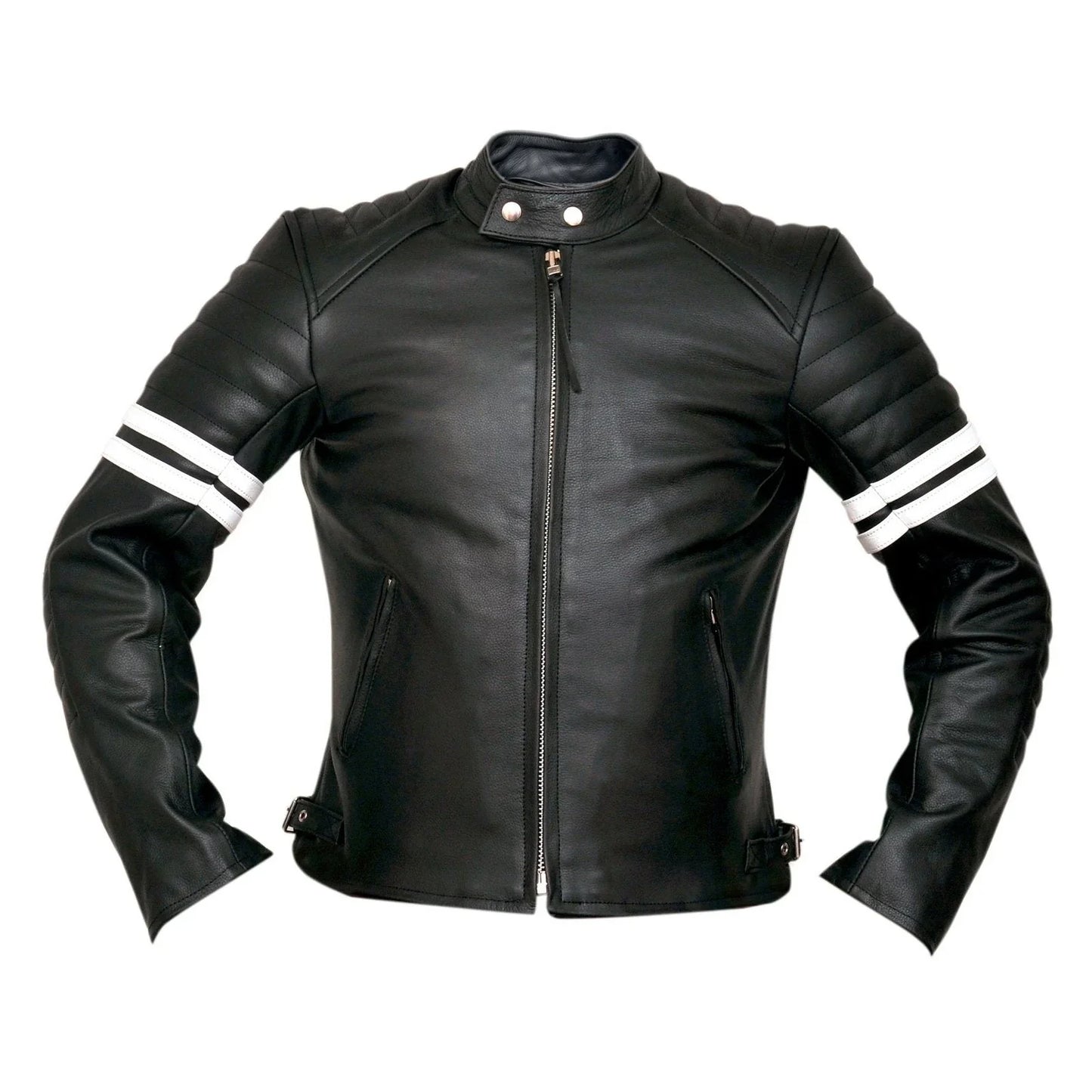 fight club 2 white striped cafe racer style retro leather jacket -