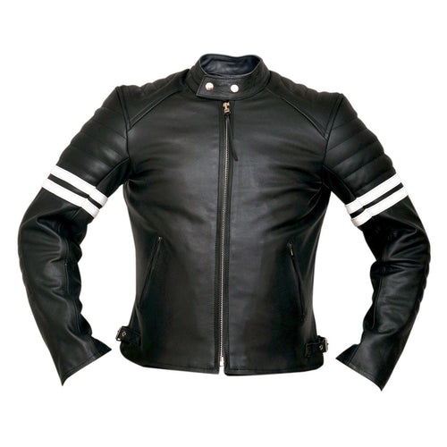 Fight Club 2 White Striped Cafe Racer Style Retro Leather Jacket -