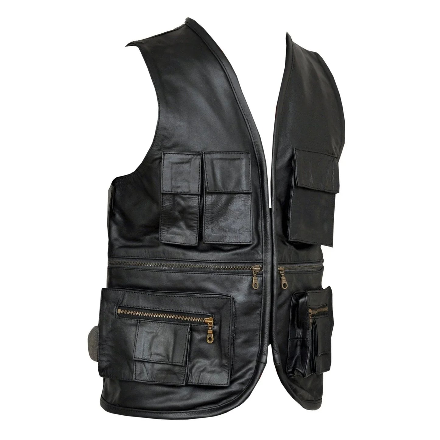 fisherman multi-pocket leather motorcycle vest -