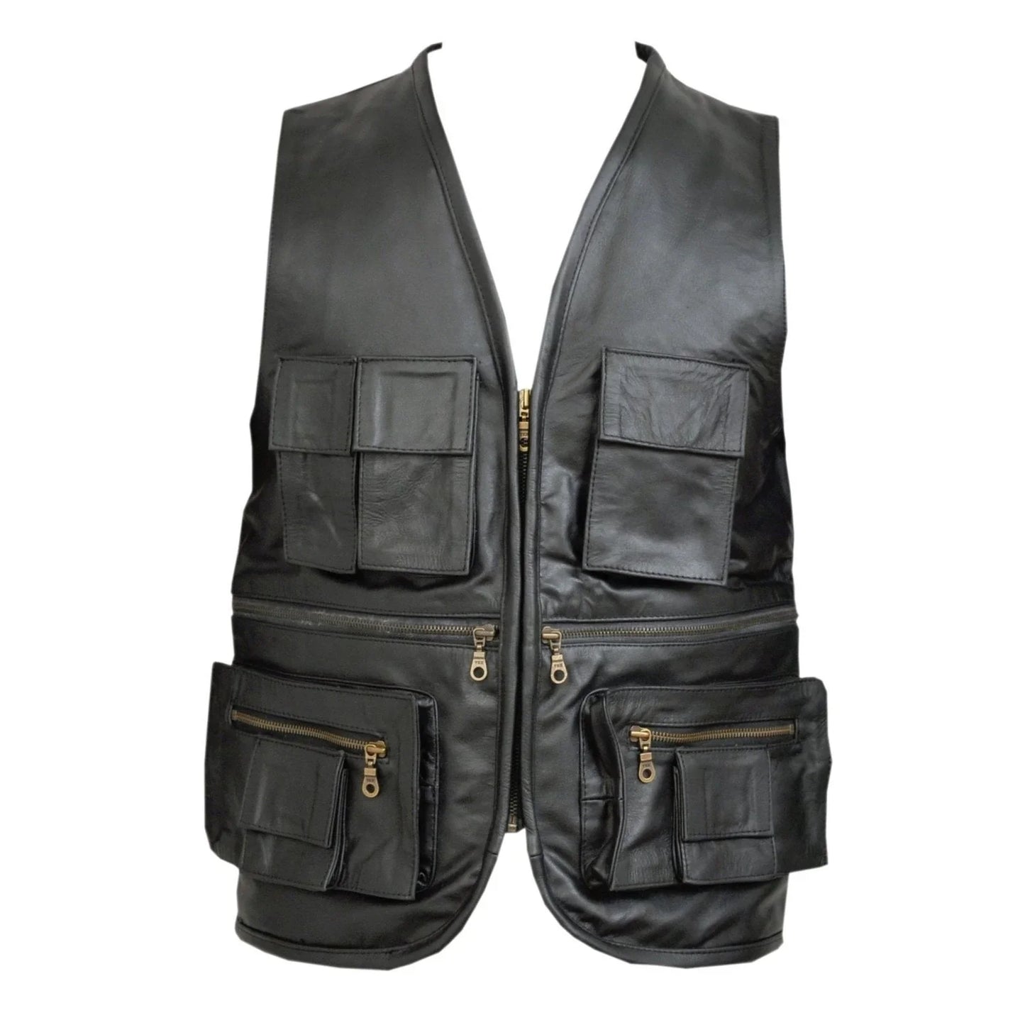 fisherman multi-pocket leather motorcycle vest -