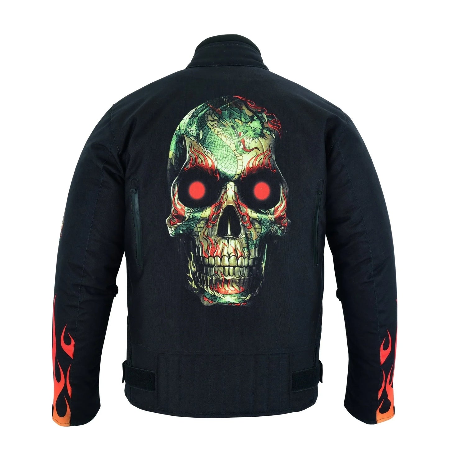 flames and skull black textile fabric motorcycle biker jacket -