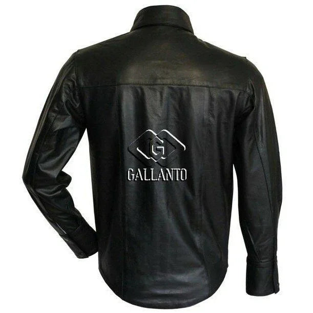 full long sleeve mens black leather shirt -