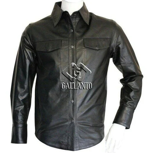 full long sleeve mens black leather shirt -