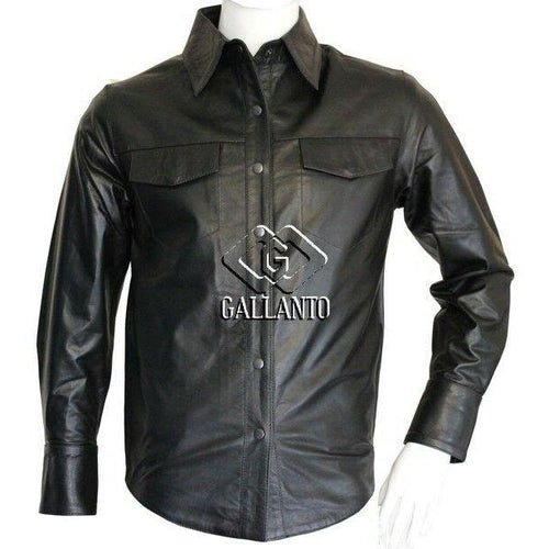 Full Long Sleeve Mens Black Leather Shirt -