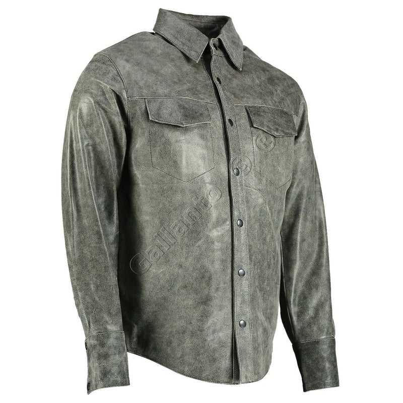 Full Sleeve Distressed Mens Vintage Leather Shirt -