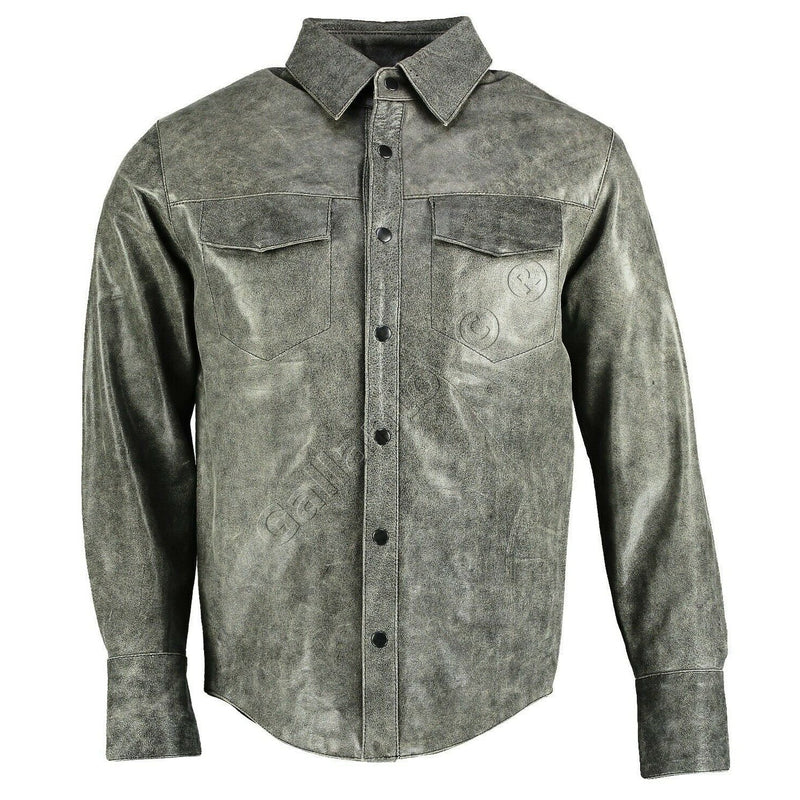 Full Sleeve Distressed Mens Vintage Leather Shirt -