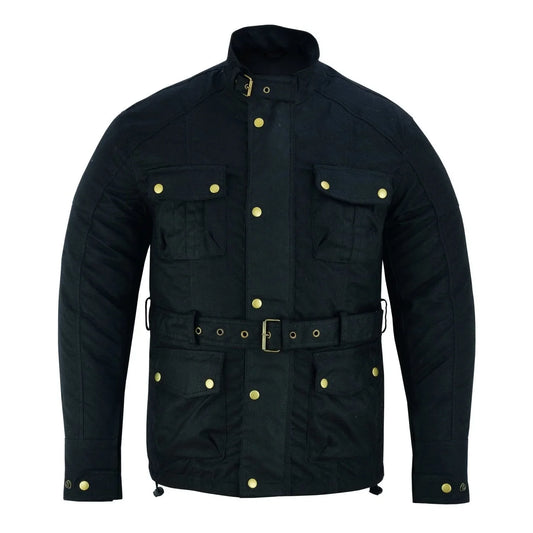Gallanto Black Wax Cotton Armoured Motorcycle Biker Long Waterproof Jacket -