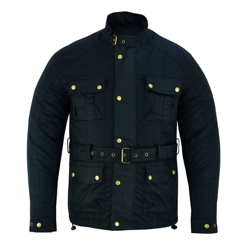 Gallanto Black Wax Cotton Armoured Motorcycle Biker Long Waterproof Jacket -