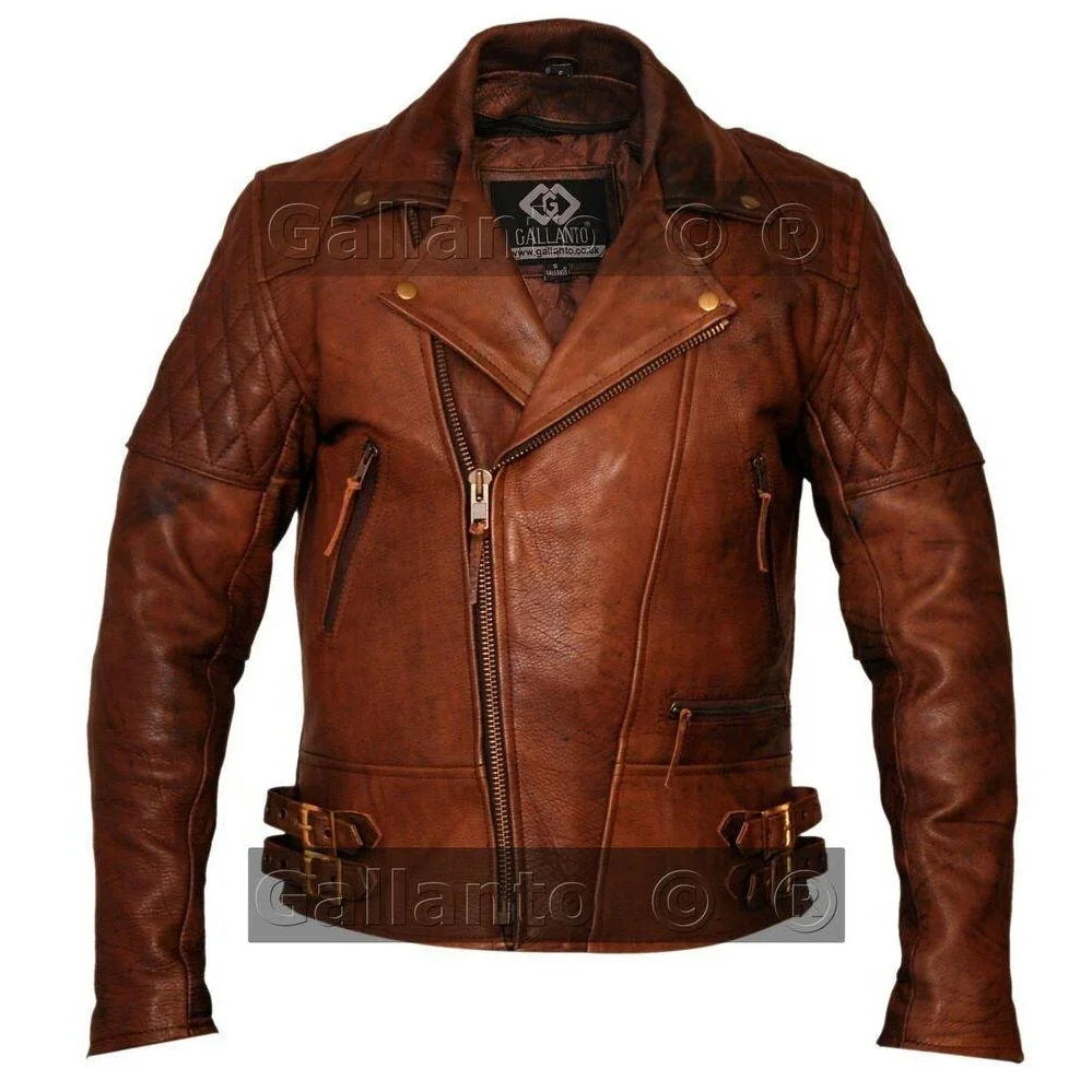 gallanto vintage dark brown classic diamond armoured biker leather jacket -