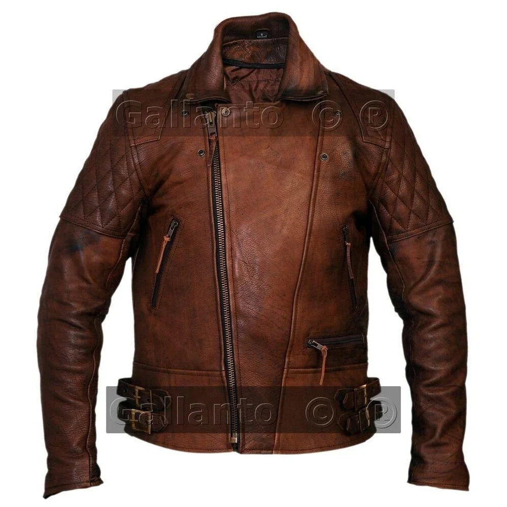 gallanto vintage dark brown classic diamond armoured biker leather jacket -