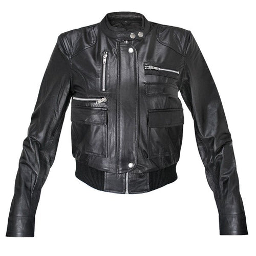 Ladies Collarless Fitted Lambskin Bomber Jacket -