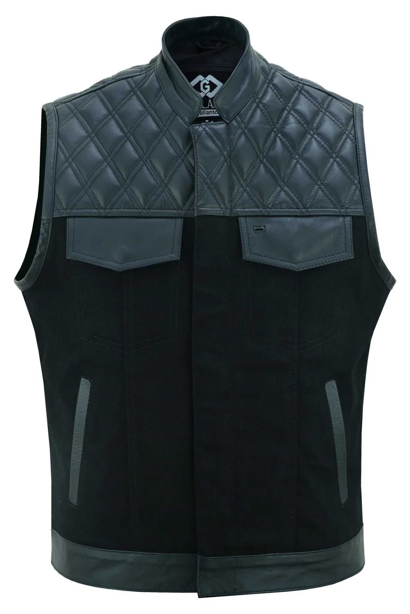 leather and denim combo biker diamond gilet vest -