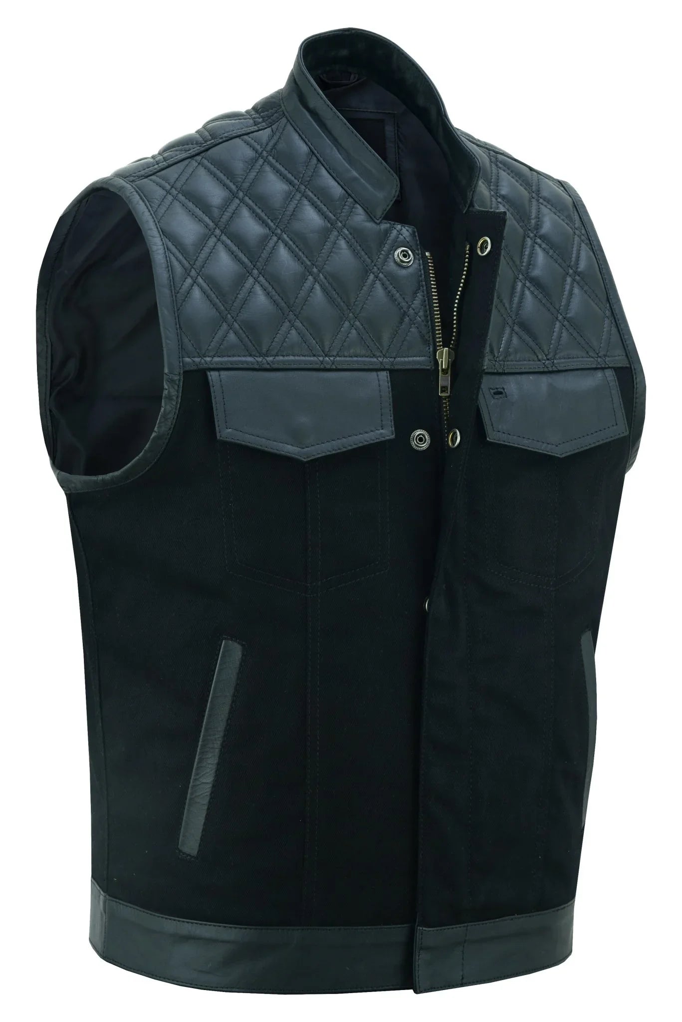 leather and denim combo biker diamond gilet vest -