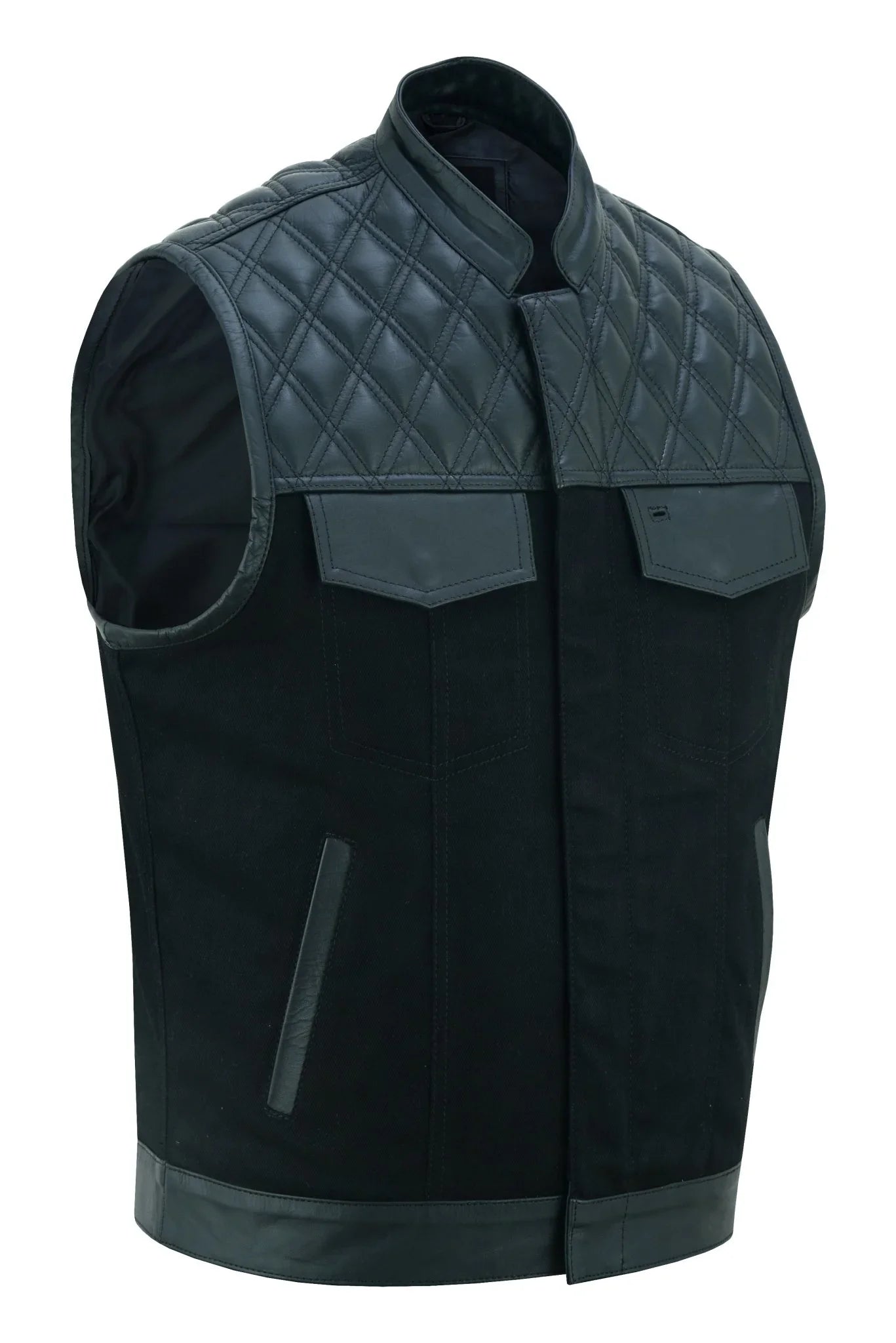 leather and denim combo biker diamond gilet vest -