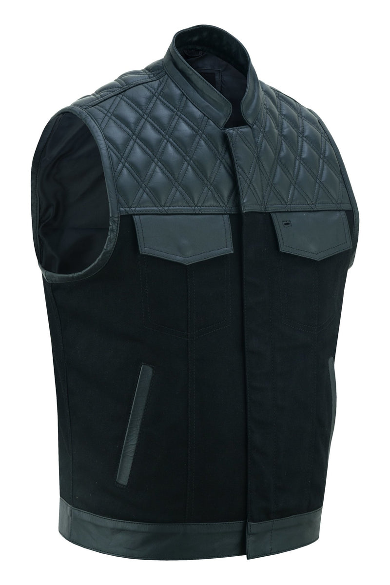Leather and Denim Combo Biker Diamond Gilet Vest -