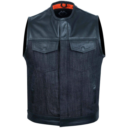 Leather and Denim Combo Biker Gilet Vest -