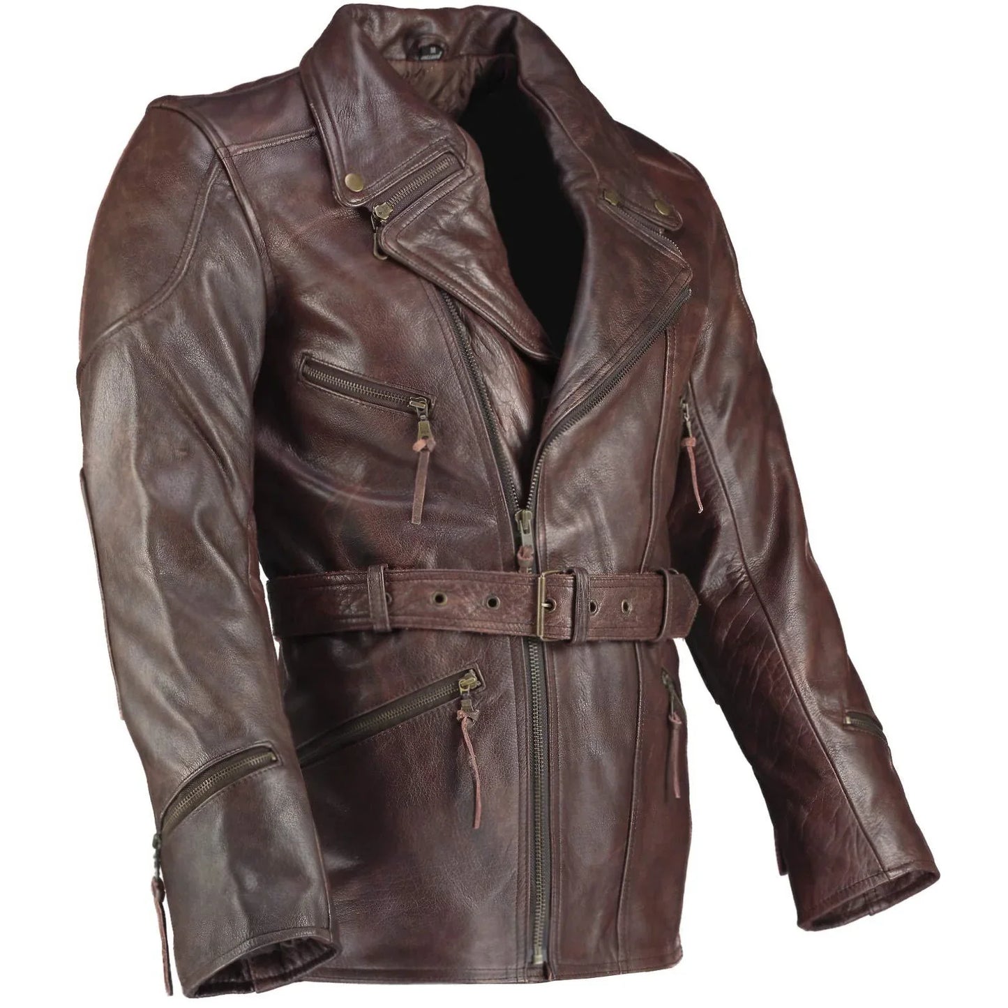 long eddie dark brown belted biker leather jacket -