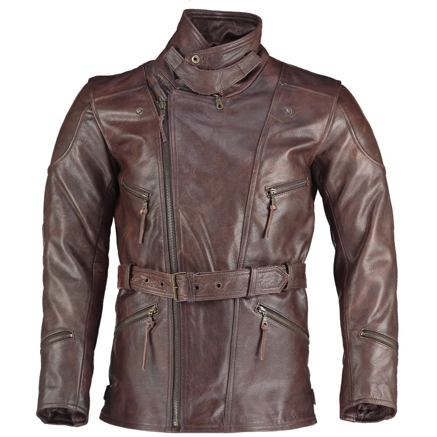 long eddie dark brown belted biker leather jacket -