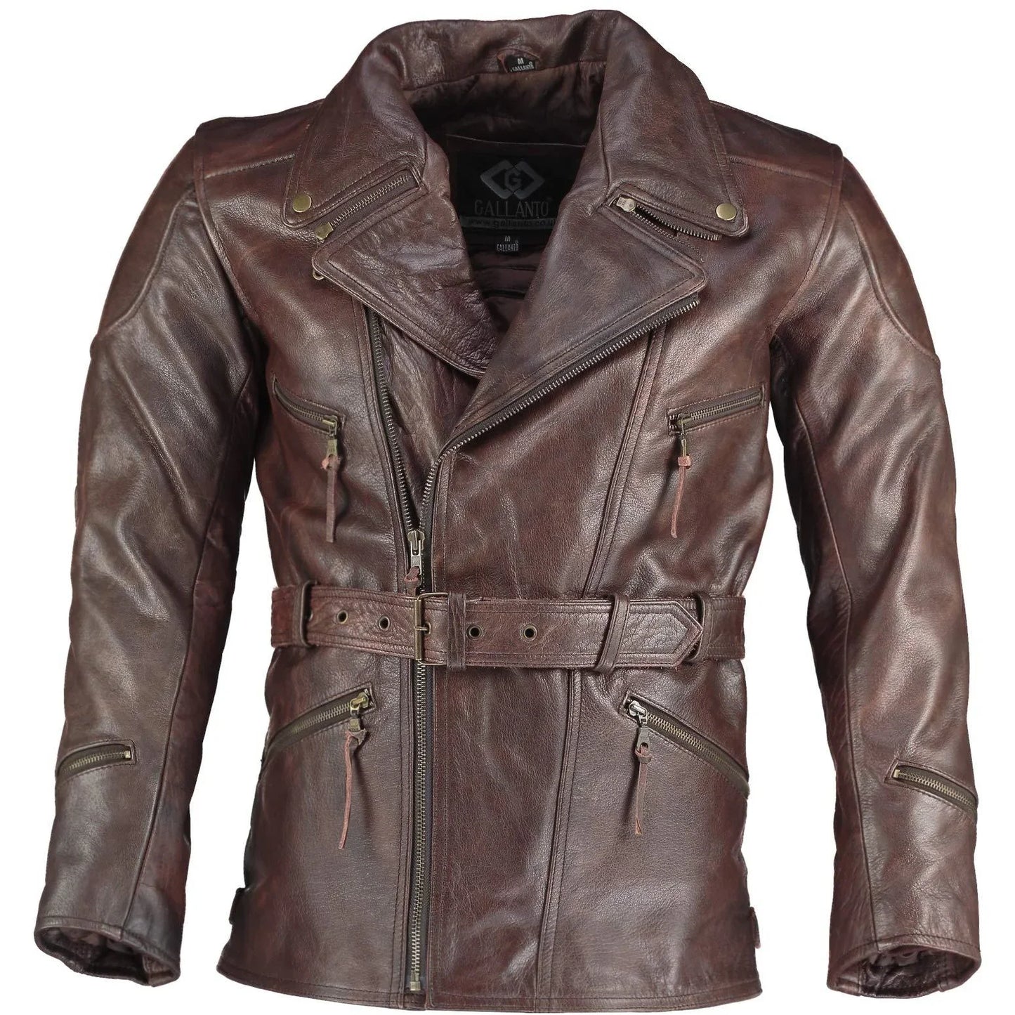 long eddie dark brown belted biker leather jacket -