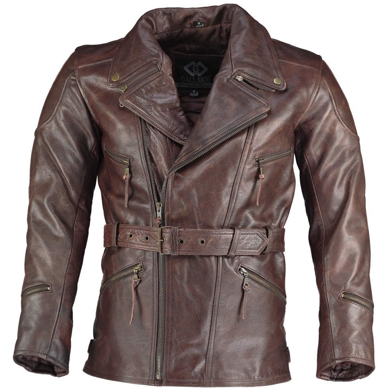 Long Eddie Dark Brown Belted Biker Leather Jacket -