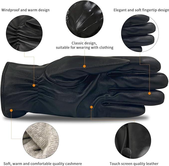 Luxury Mens Leather Gloves Cashmere Lined-Soft Comfortable Lambskin Touchsreen -