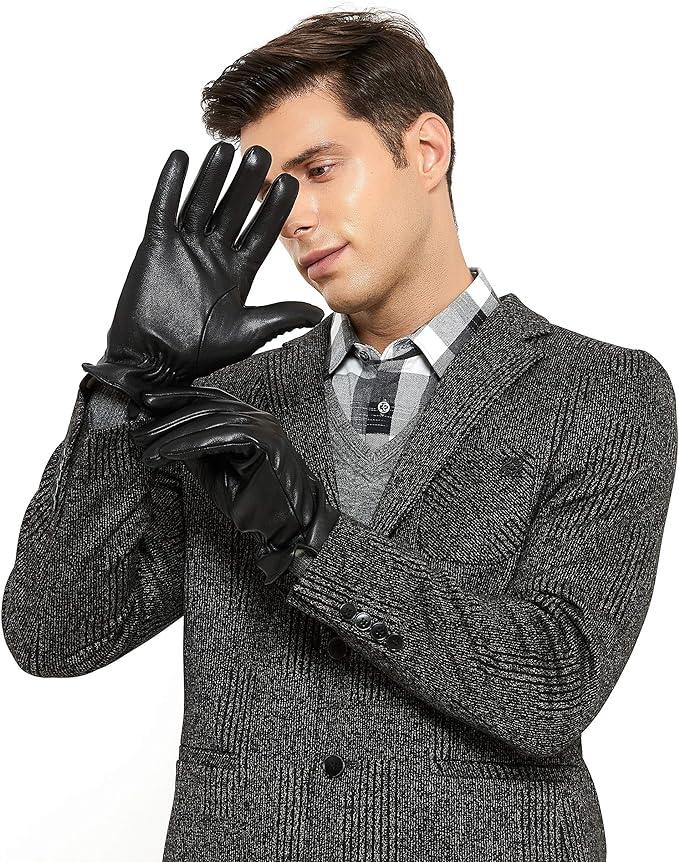 luxury mens leather gloves cashmere lined-soft comfortable lambskin touchsreen -