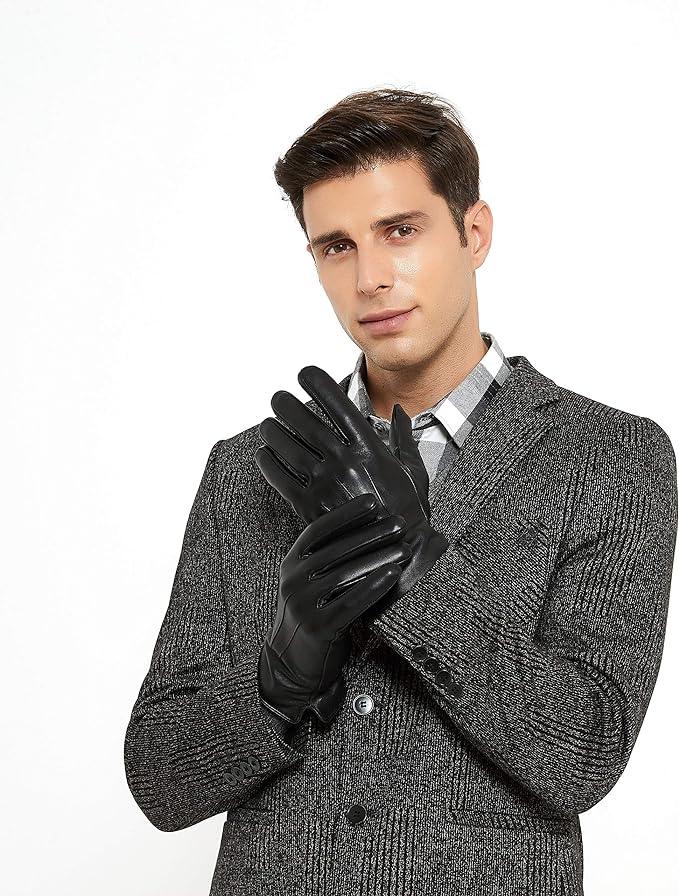 luxury mens leather gloves cashmere lined-soft comfortable lambskin touchsreen -