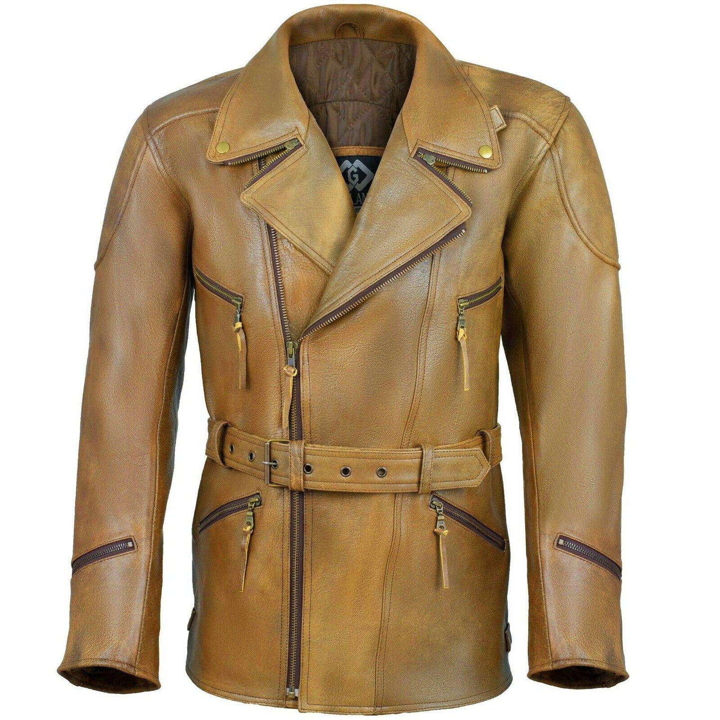mens 3/4 length eddie biker tan distressed leather motorcycle jacket -