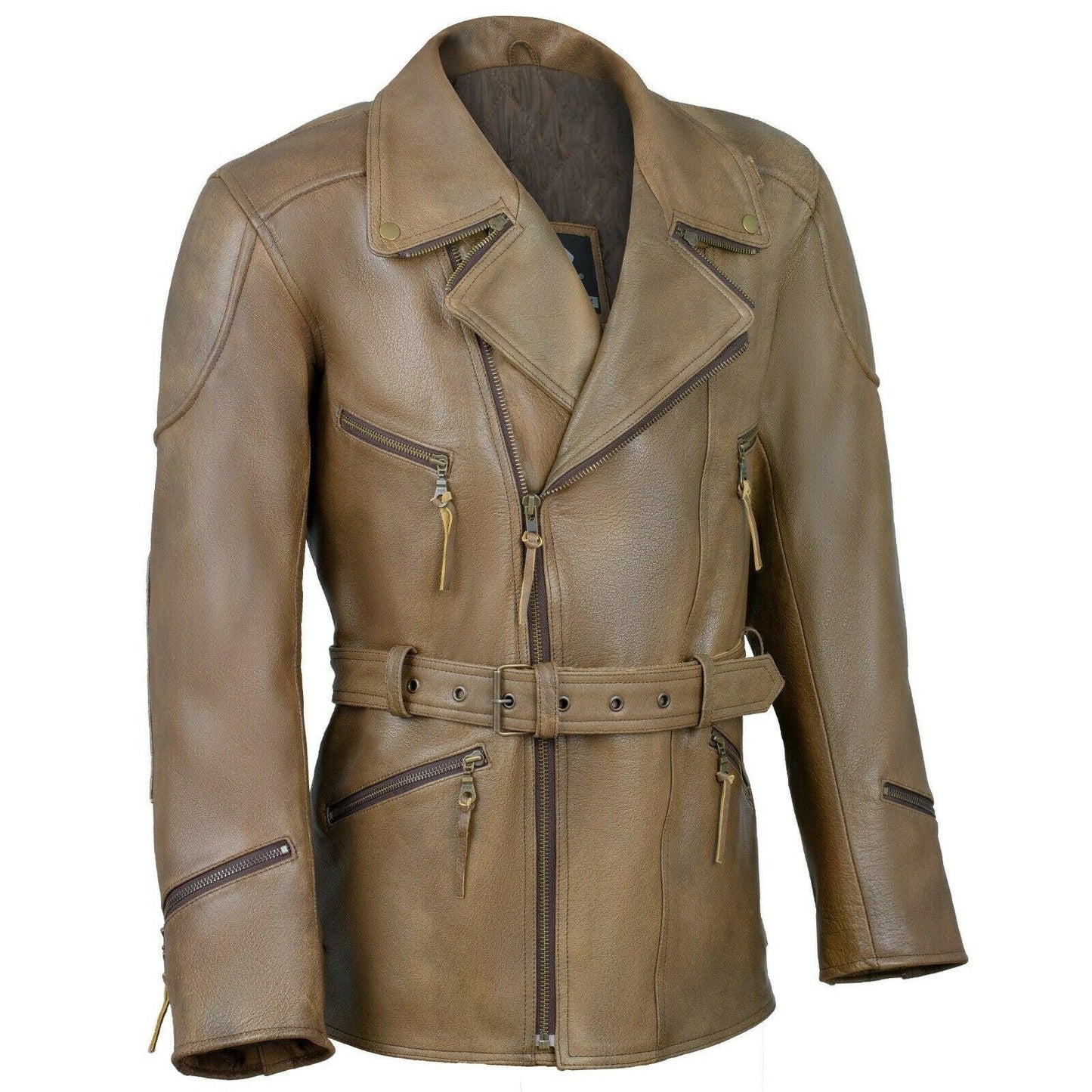 mens 3/4 length eddie biker tan distressed leather motorcycle jacket -