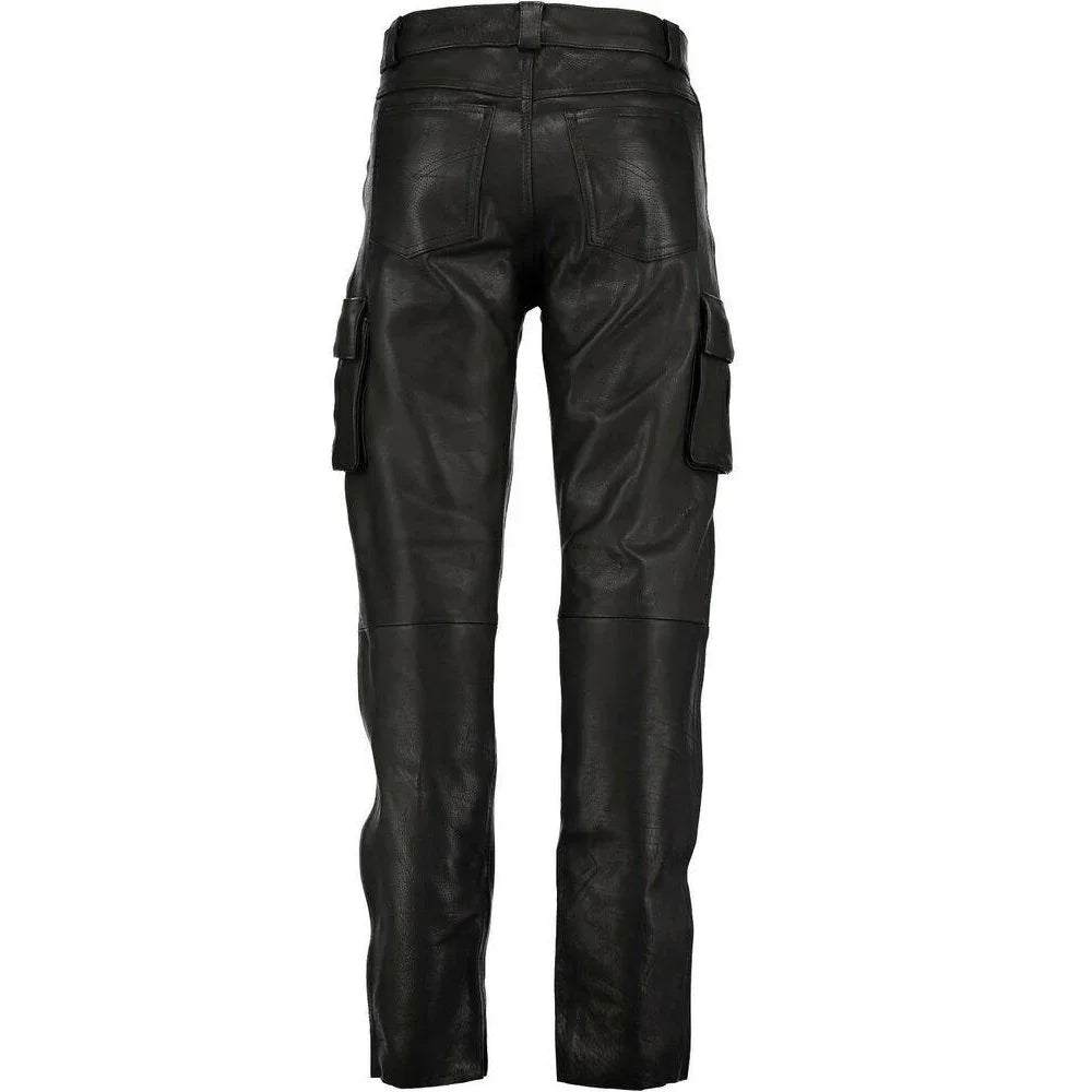 mens 6 pockets jeans style black combat cargo leather trousers pants -